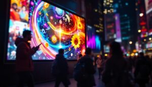A photograph of a vibrant led digital signage screen in a dynamic urban setting