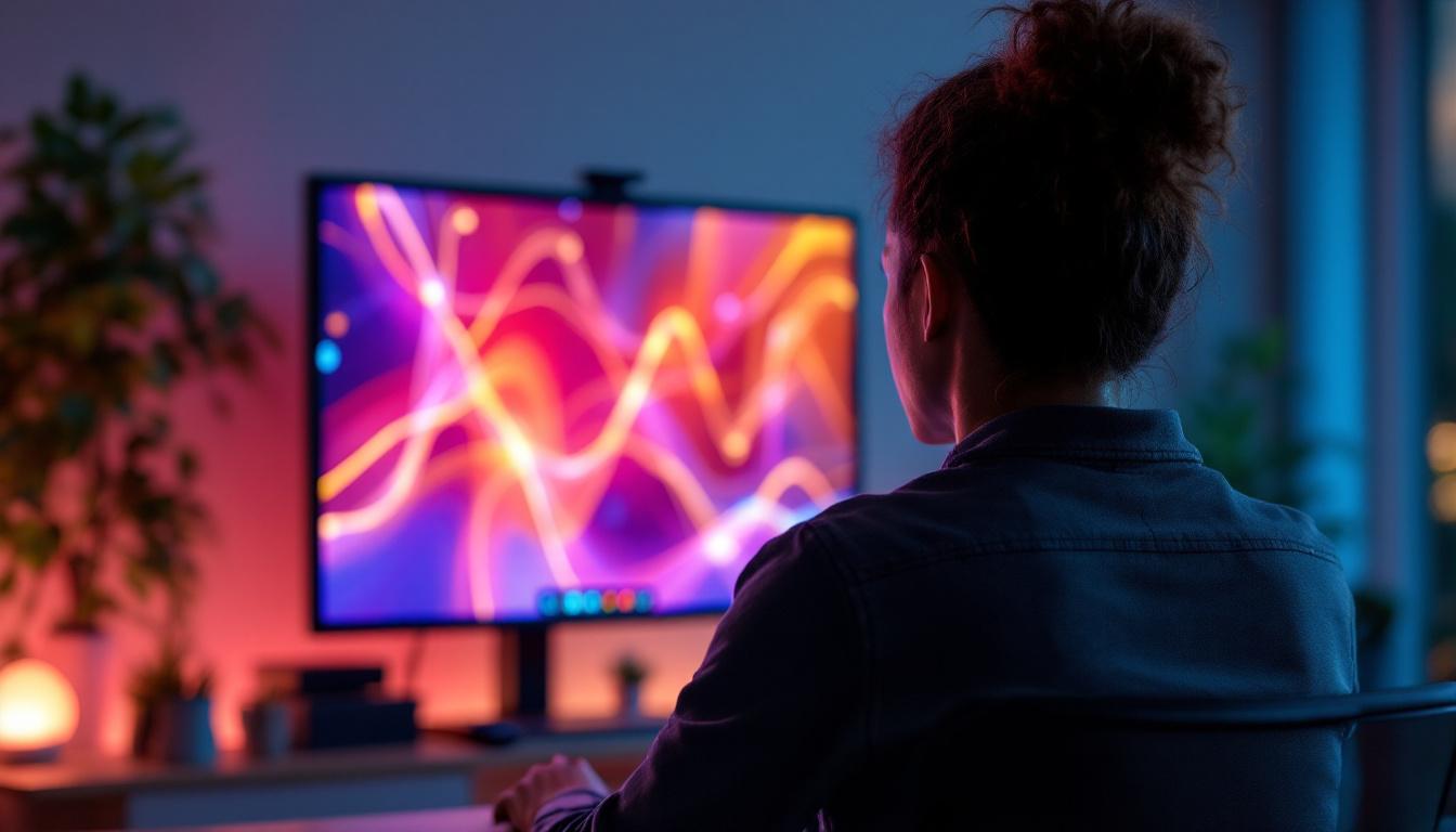 A photograph of a modern video conference setup featuring a vibrant led display as the backdrop