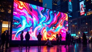 A photograph of capture a photograph of a vibrant led display in an urban setting