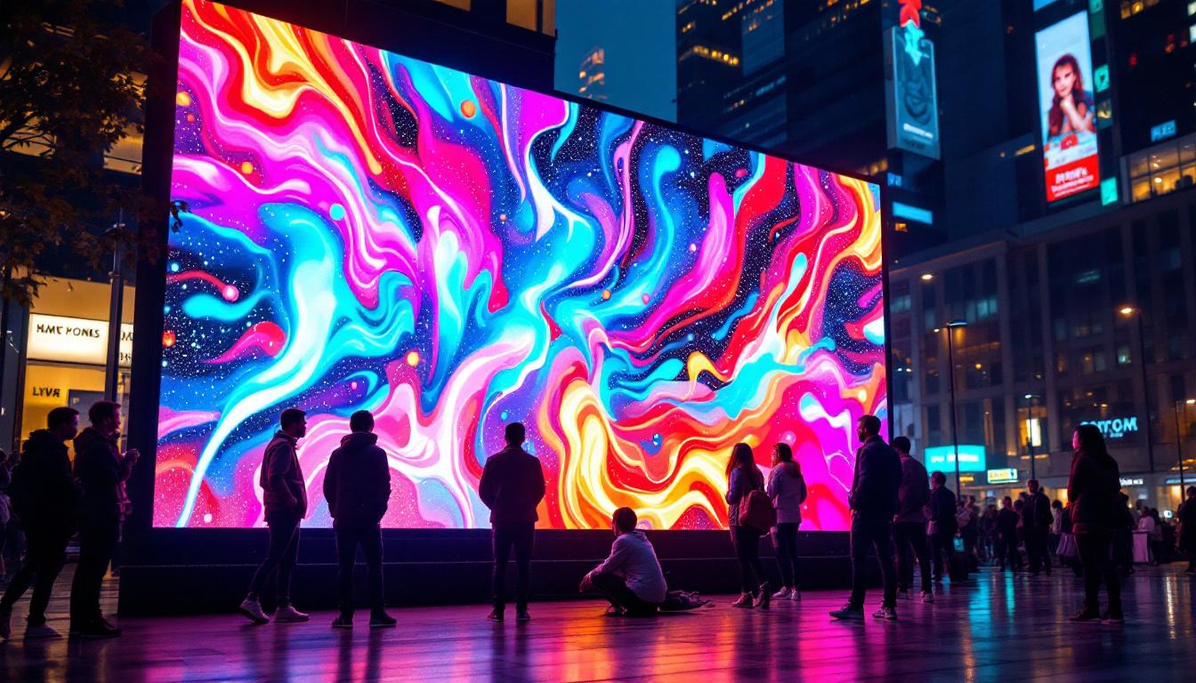 A photograph of capture a photograph of a vibrant led display in an urban setting