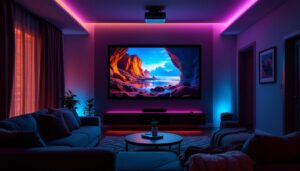 A photograph of a cozy home theater setup featuring a wall-mounted projector displaying a vibrant movie scene