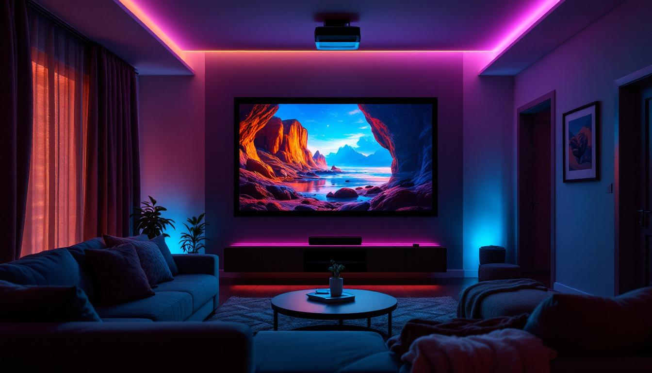 A photograph of a cozy home theater setup featuring a wall-mounted projector displaying a vibrant movie scene