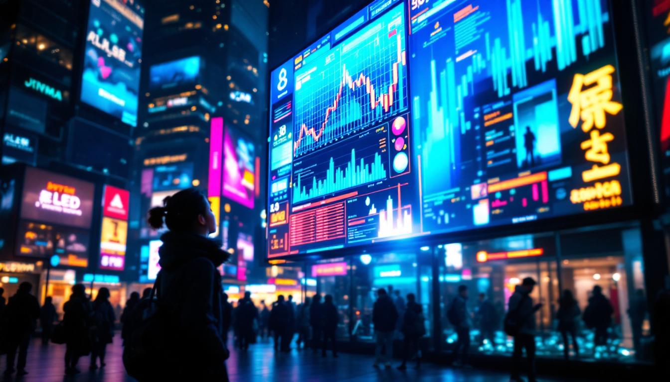 A photograph of capture a photograph of a vibrant led display in a dynamic urban setting