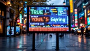 A photograph of a vibrant outdoor led message board in use