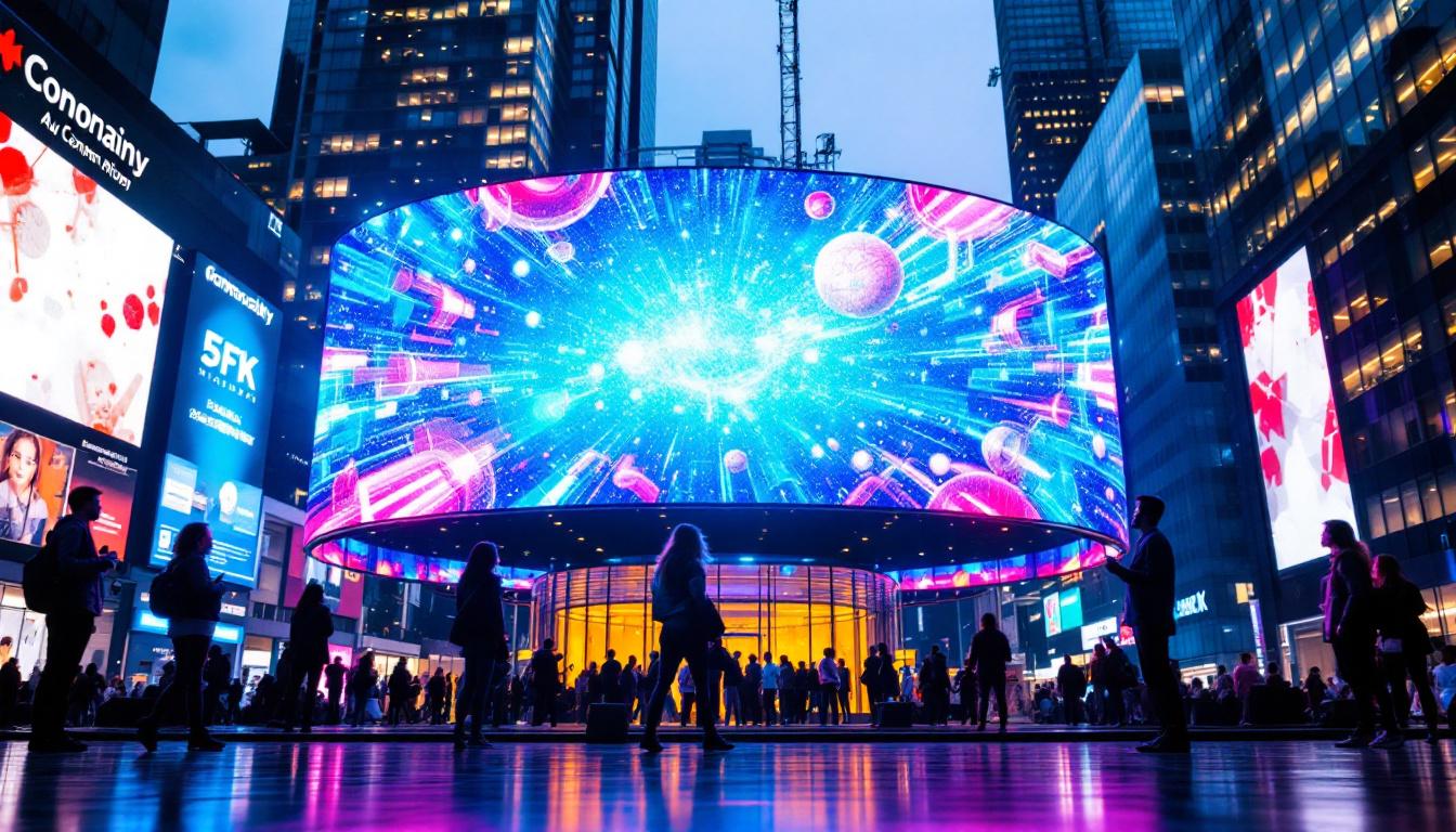 A photograph of a vibrant led display in a modern urban setting