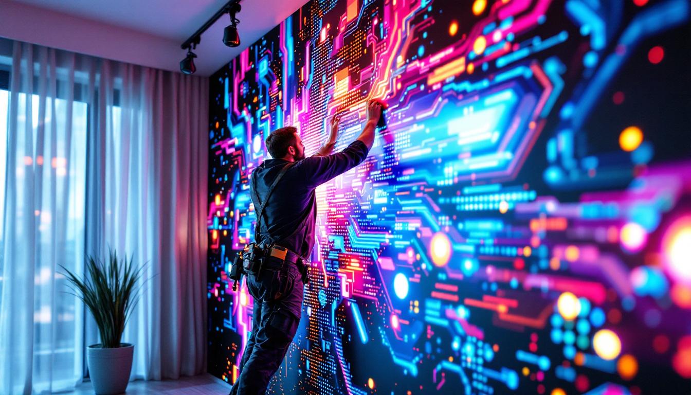 A photograph of a skilled wallpaper installer applying a vibrant led display wallpaper in a modern interior setting