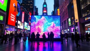 A photograph of a vibrant led display in a bustling urban environment