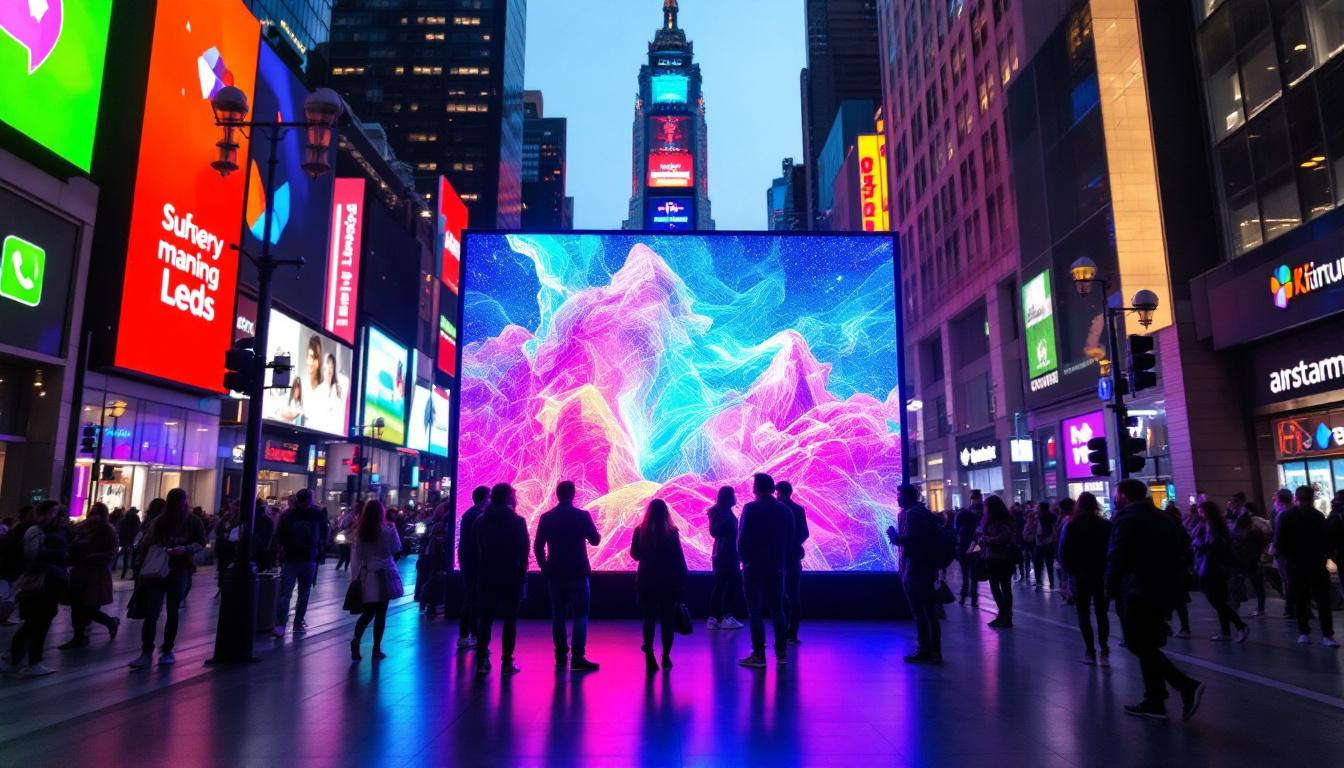 A photograph of a vibrant led display in a bustling urban environment