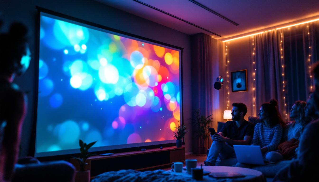 A photograph of a vibrant led projector screen in a home or event setting