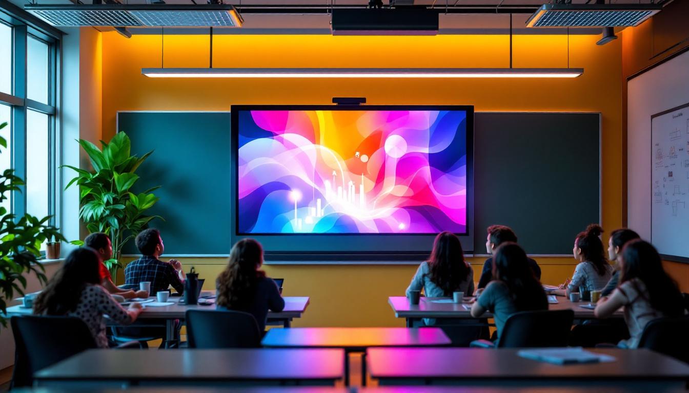 A photograph of a vibrant classroom setting featuring a modern led display in use