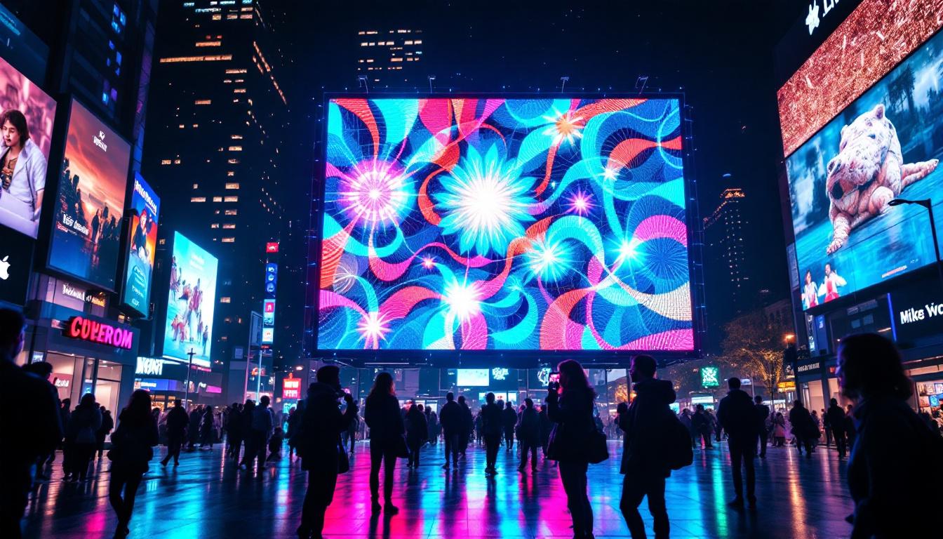 A photograph of a vibrant led display in a dynamic urban setting