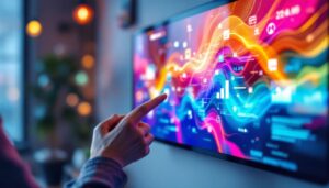 A photograph of a sleek 4k touch screen display showcasing vibrant colors and sharp details