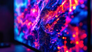 A photograph of a close-up shot of an lcd monitor displaying vibrant colors and intricate details