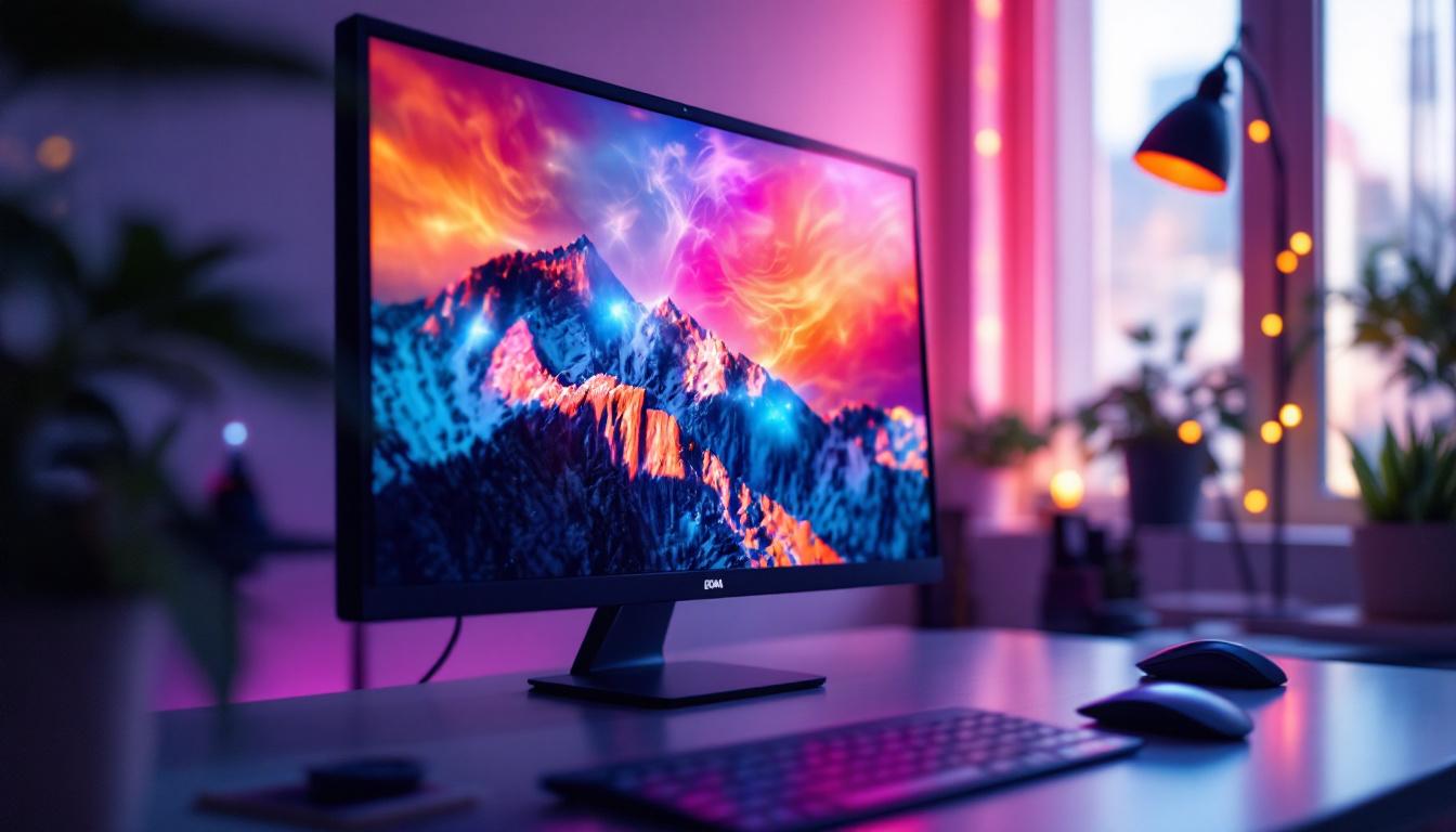 A photograph of capture a photograph of a sleek 21-inch led monitor displaying vibrant