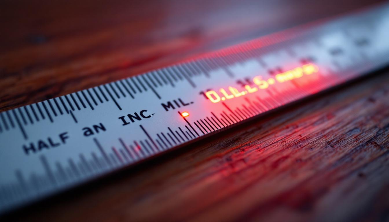 A photograph of a close-up shot of a ruler or measuring tape clearly displaying the conversion of half an inch to millimeters