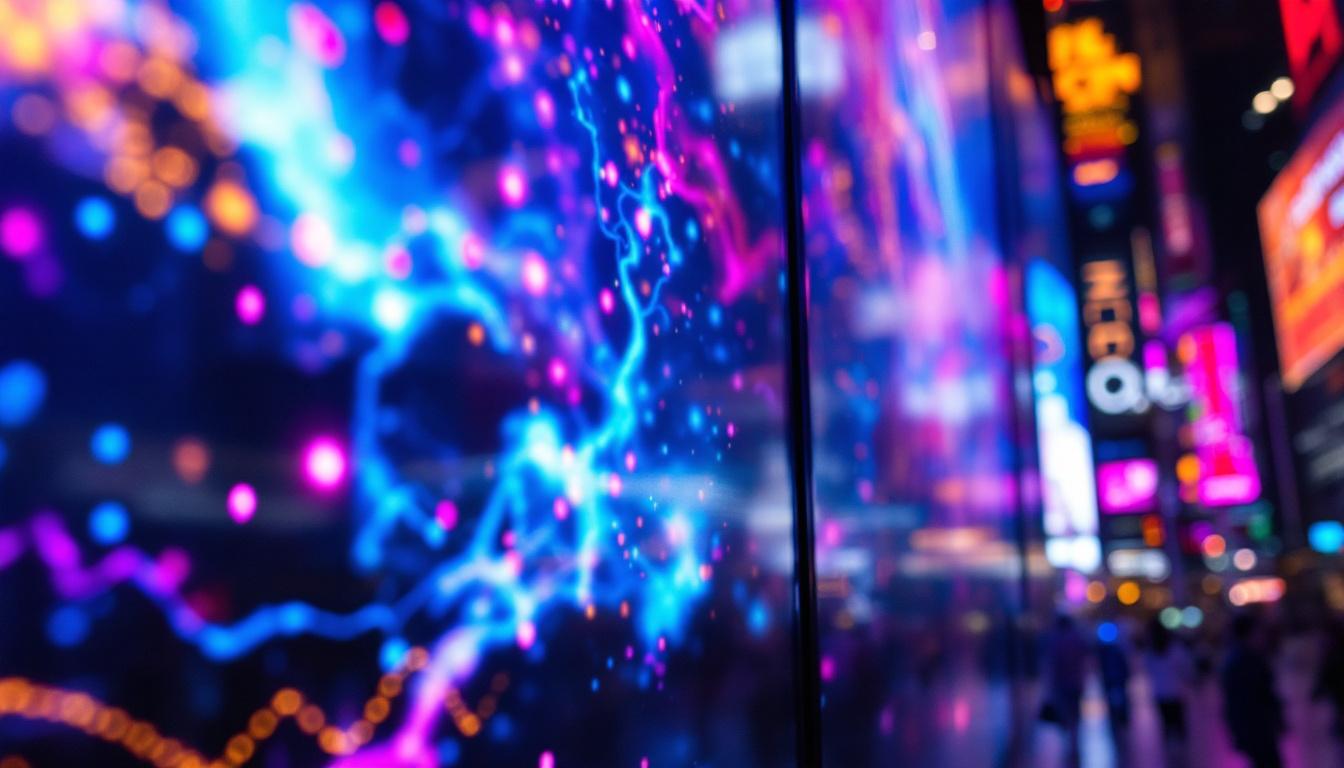 A photograph of a vibrant led display showcasing dynamic visuals or colorful advertisements in an urban setting