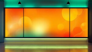 A photograph of a vibrant wall board panel featuring an led display in a modern setting
