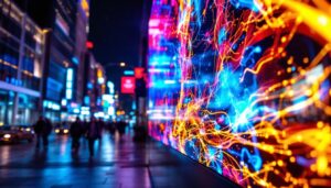 A photograph of a vibrant led display showcasing a stunning visual or artwork in a dynamic urban setting