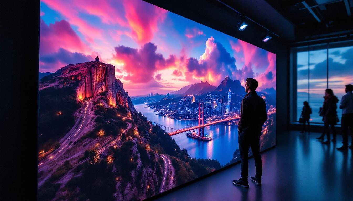 A photograph of a vibrant 4k led display showcasing a stunning landscape or cityscape