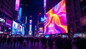 A photograph of capture a photograph of a vibrant led advertising display in a bustling urban environment