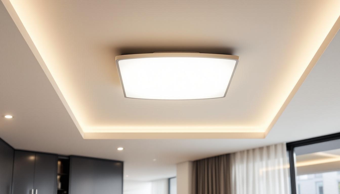 A photograph of a sleek 12-inch square led ceiling light installed in a modern interior setting