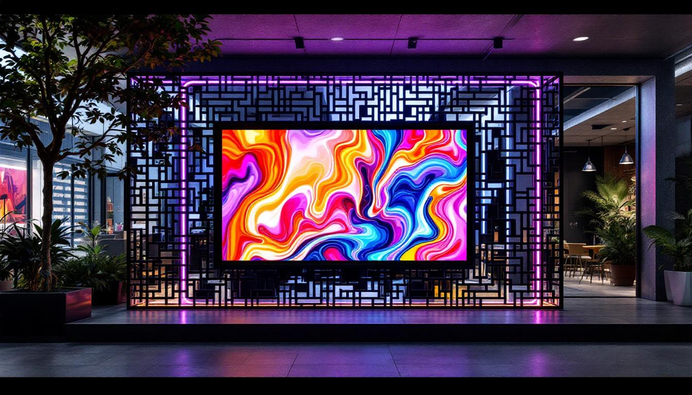 A photograph of a modern urban setting featuring a lattice privacy wall with an integrated led display