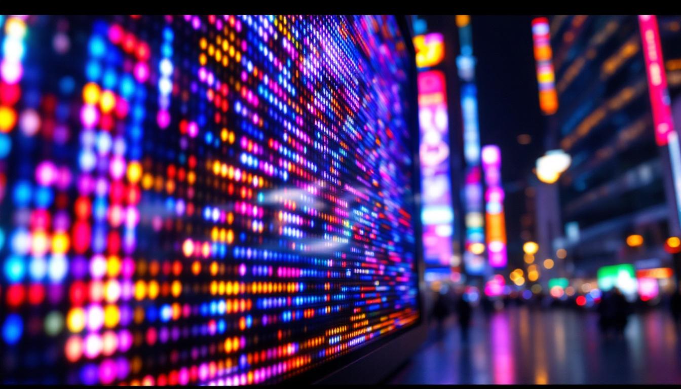 A photograph of a close-up shot of a vibrant led display in an urban setting