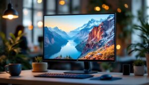 A photograph of a sleek 27-inch touch monitor displaying vibrant