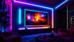A photograph of a modern entertainment center featuring vibrant led lighting displays that showcase various colors and effects