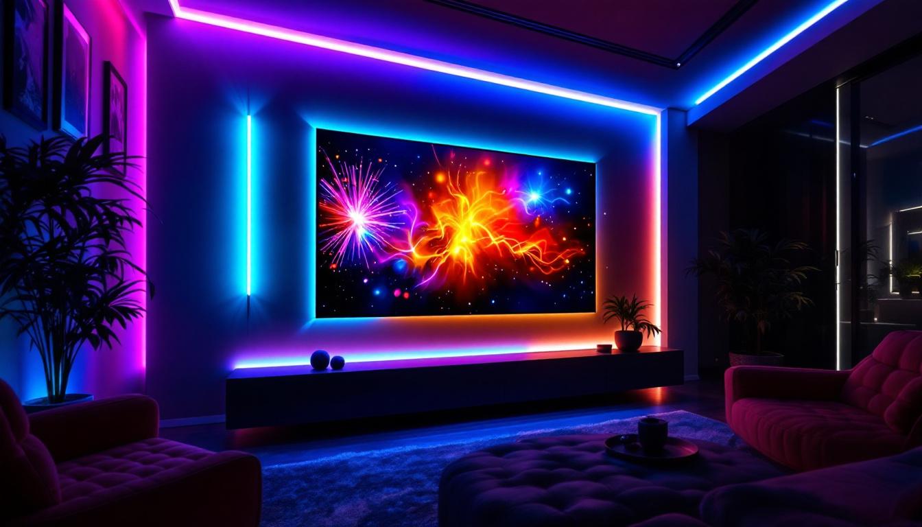 A photograph of a modern entertainment center featuring vibrant led lighting displays that showcase various colors and effects