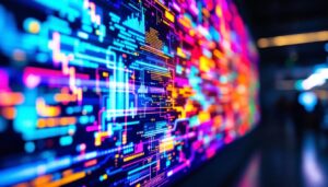 A photograph of a close-up of a vibrant led display screen showcasing vivid colors and dynamic visuals