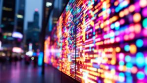 A photograph of a vibrant led display showcasing dynamic colors and patterns