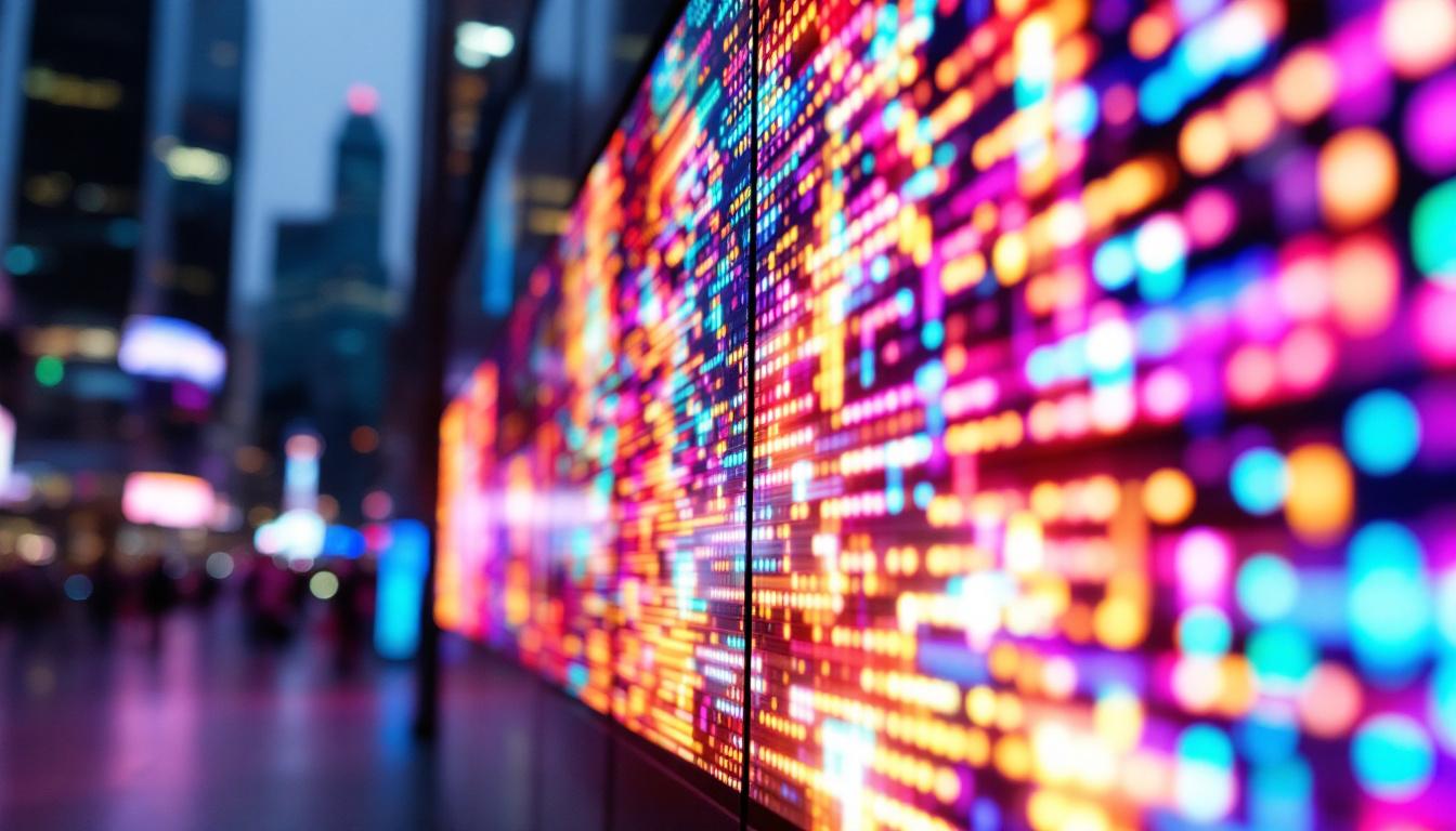 A photograph of a vibrant led display showcasing dynamic colors and patterns