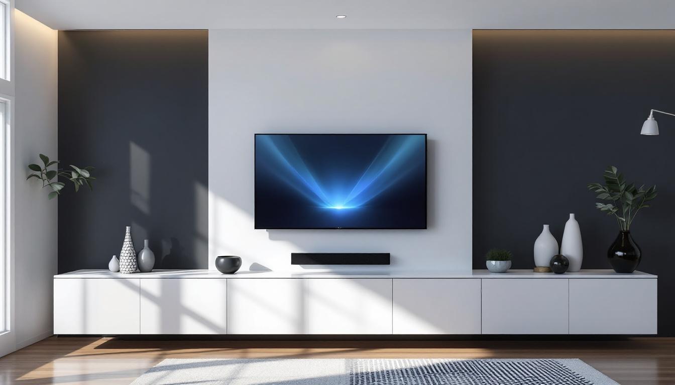 A photograph of a stylish living room featuring a curved wall tv mount with an led display
