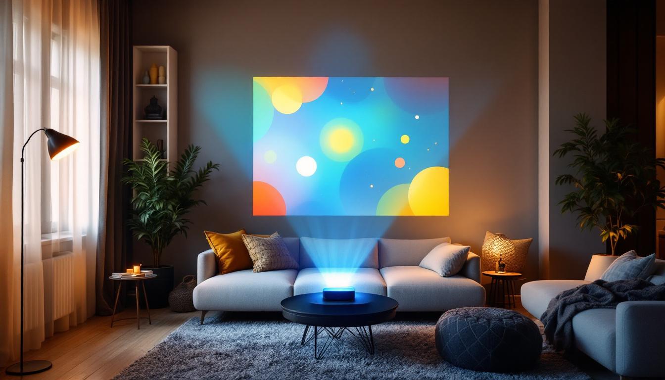 A photograph of a stylish living room setting featuring a wall art projector in action
