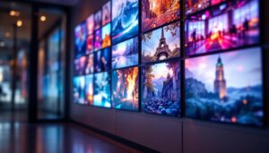 A photograph of a modern interior featuring a wall adorned with vibrant led displays showcasing a variety of images