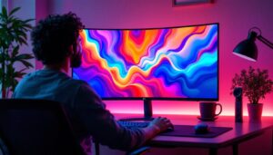 A photograph of a vibrant desktop setup featuring a modern led display in action