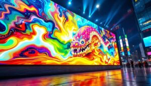 A photograph of a vibrant led display showcasing intricate details and vivid colors