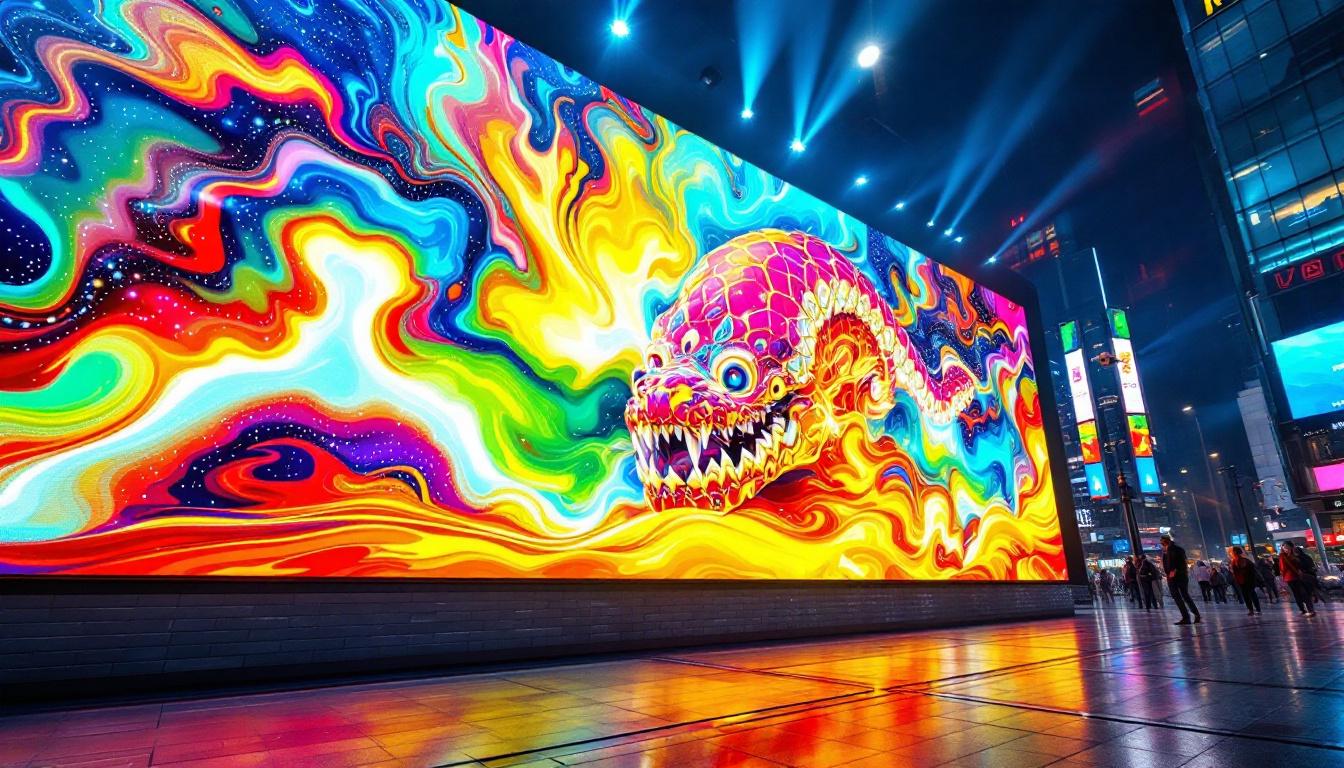 A photograph of a vibrant led display showcasing intricate details and vivid colors