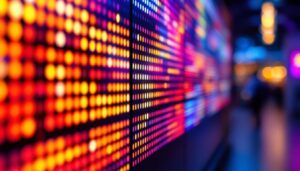 A photograph of a close-up of a vibrant led display showcasing dynamic colors and patterns