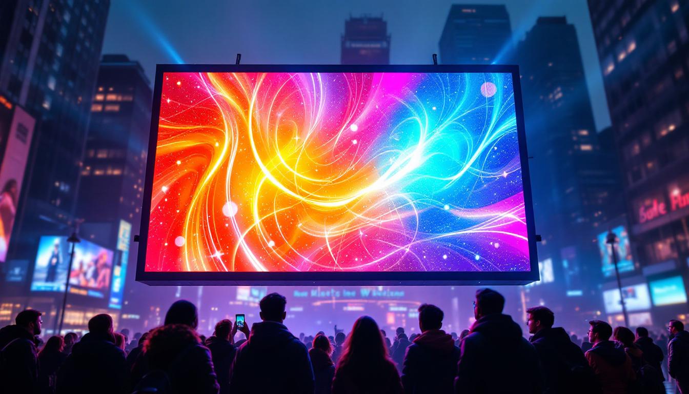 A photograph of a vibrant led display showcasing dynamic visuals