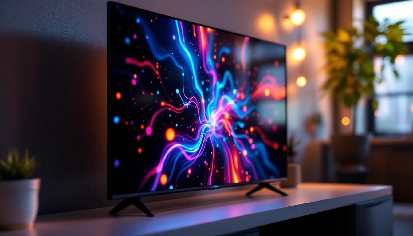A photograph of a vibrant 32-inch led display showcasing a dynamic visual