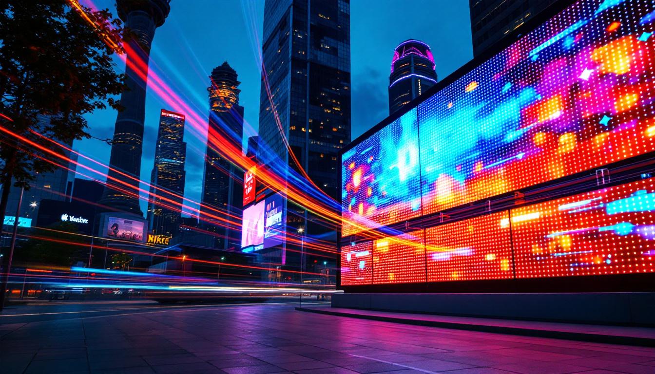 A photograph of a vibrant led display in an urban setting at dusk