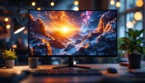 A photograph of a vibrant 8k display monitor showcasing a stunning