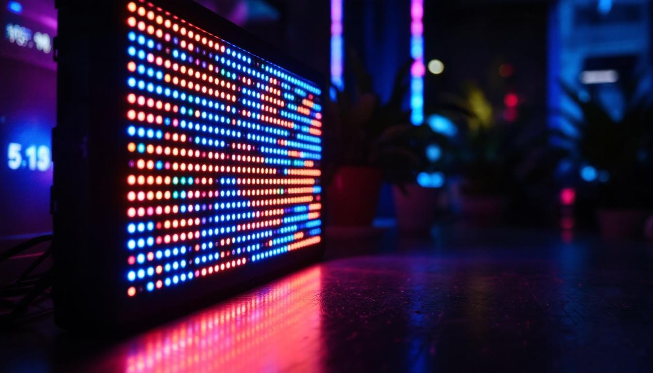 A photograph of capture a photograph of a vibrant 3 ft led display in a dimly lit environment