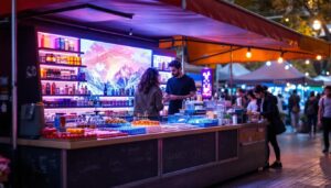 A photograph of a vibrant vendor display stand featuring a high-quality led display in an outdoor market setting