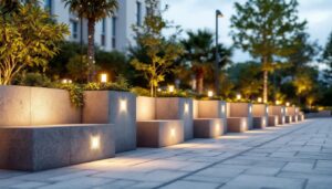 A photograph of capture a photograph of a beautifully illuminated outdoor space featuring various exterior lights mounted on decorative blocks