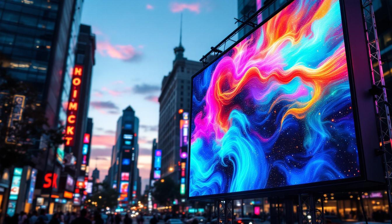 A photograph of a vibrant led display in an urban setting at dusk