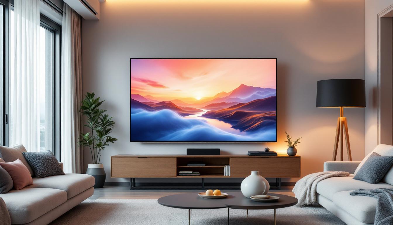 A photograph of capture a photograph of a 110-inch led tv displayed in a modern living room setting