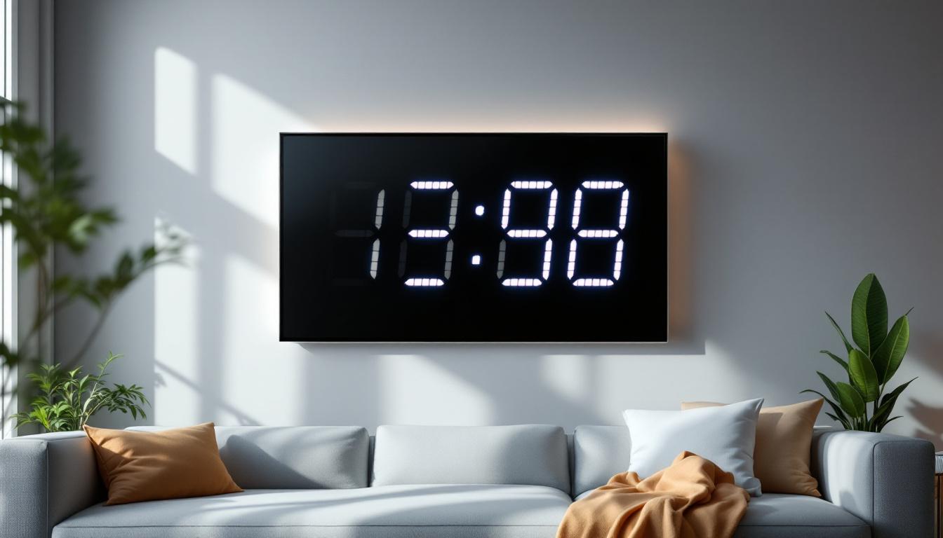 A photograph of a large led digital wall clock prominently displayed in a well-lit
